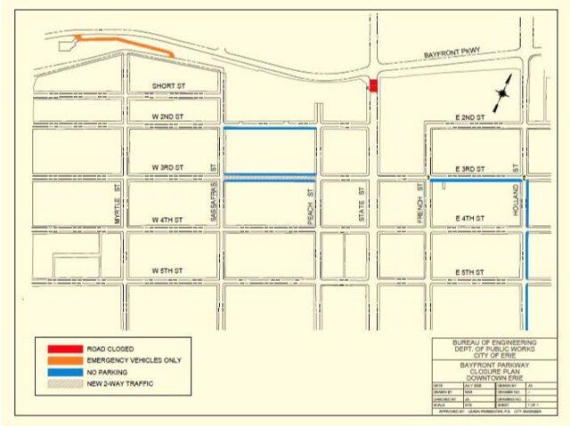 City of Erie map of detours for Bayfront Parkway Central Corridor Project