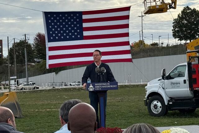 Gov. Josh Shapiro (D-PA) speaking on Erie, PA's Bayfront, Oct. 17, 2025. Photo by Joel Natalie, TalkErie.com.